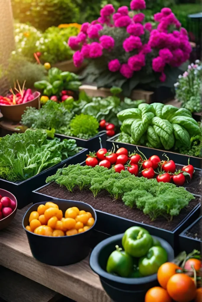 A beautifully arranged edible garden where vibrant vegetables and herbs intermingle with_resized