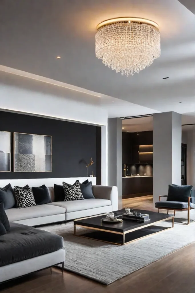 A bold contemporary living room with a statementmaking geometric chandelier that casts