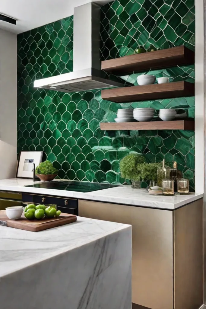A bold feature wall in the kitchen with floortoceiling emerald green tiles
