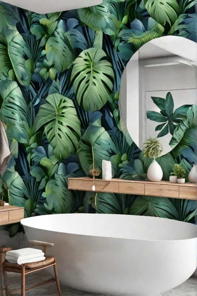 A bold graphic wallpaper depicting oversized tropical leaves in vibrant greens and