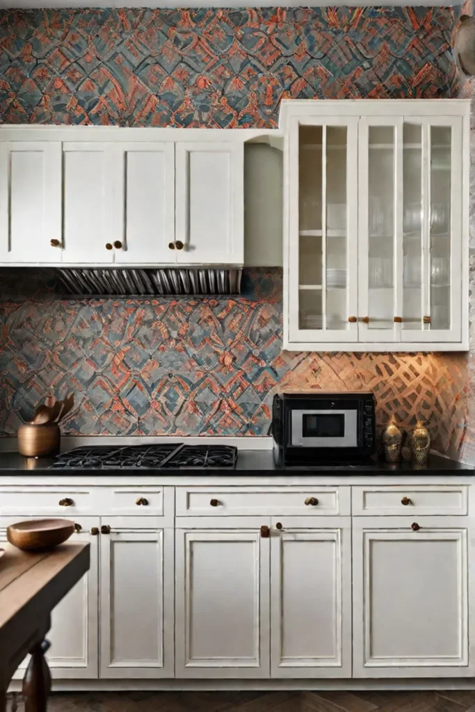 A boldly patterned wallpaper making a statement on one kitchen wall paired