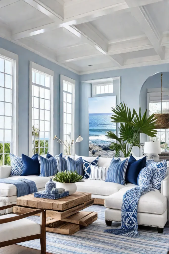 A calming living room in soft blues and whites featuring a wicker