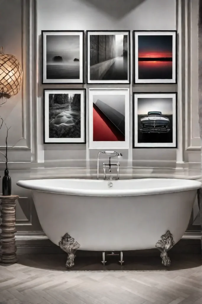A carefully curated gallery wall above a bathtub featuring an eclectic mix