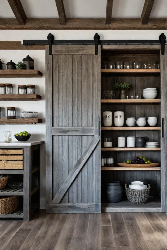 A charming countrystyle kitchen with wooden cabinets that have a worn aged