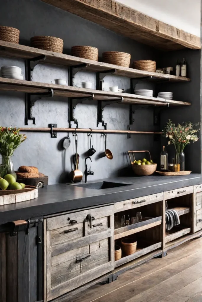 A charming farmhousestyle kitchen with distressed wood cabinets open shelving with rustic