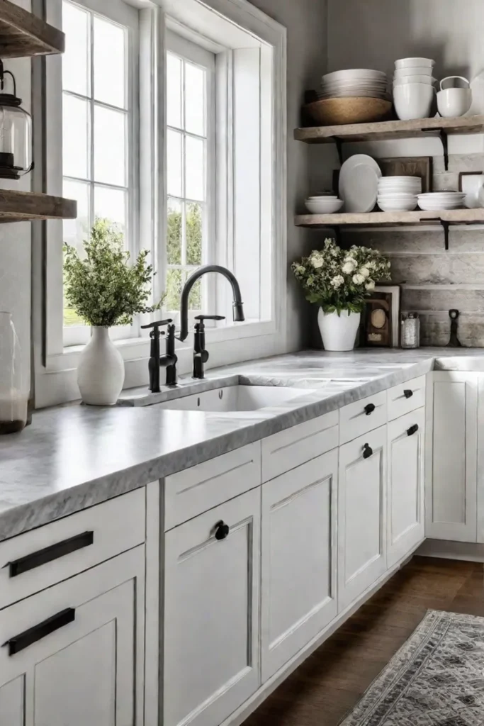 A charming farmhousestyle kitchen with whitewashed wood cabinets and natural stone countertops