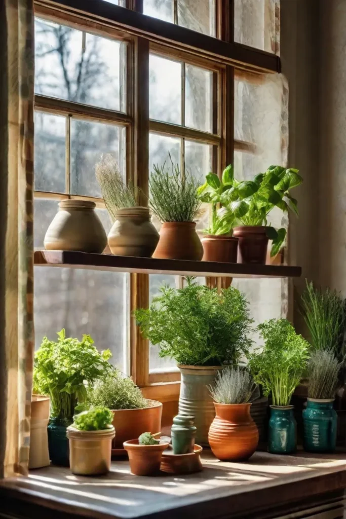 A charming kitchen garden window shelf showcasing a colorful collection of homegrown