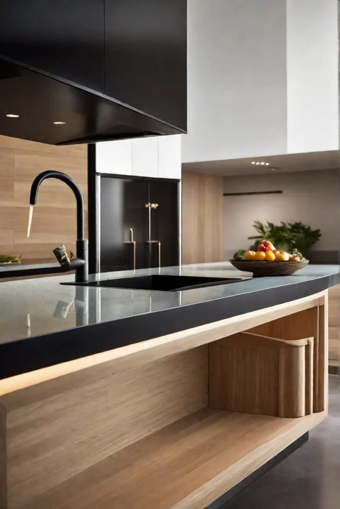 A closeup of a kitchen countertop showcasing an elegant mix of materials