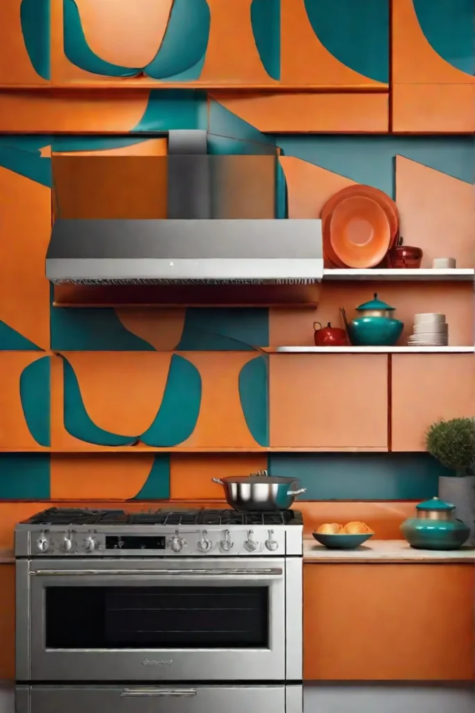 A closeup of a vibrant teal and orange kitchen wall contrasted with