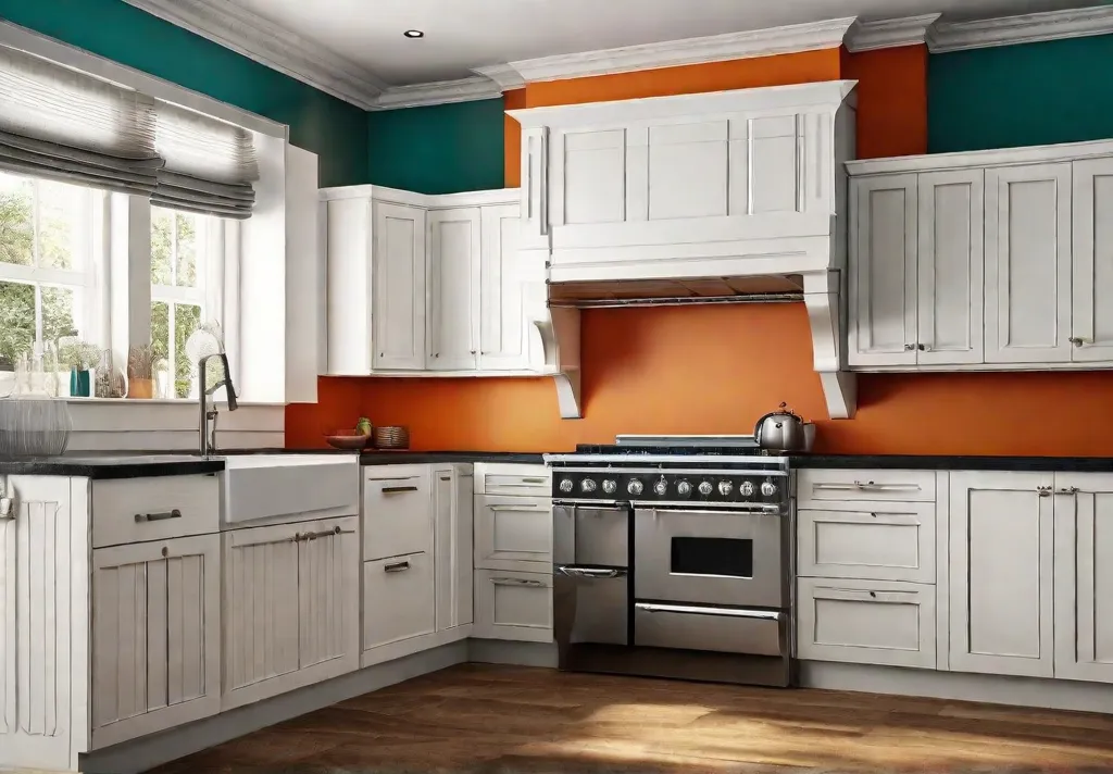 A closeup of a vibrant teal and orange kitchen wall contrasted withfeat