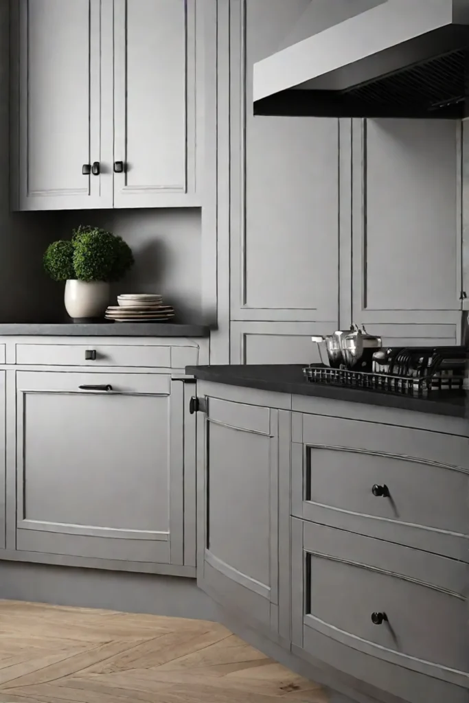 A closeup of kitchen cabinet doors updated with matte black handles and