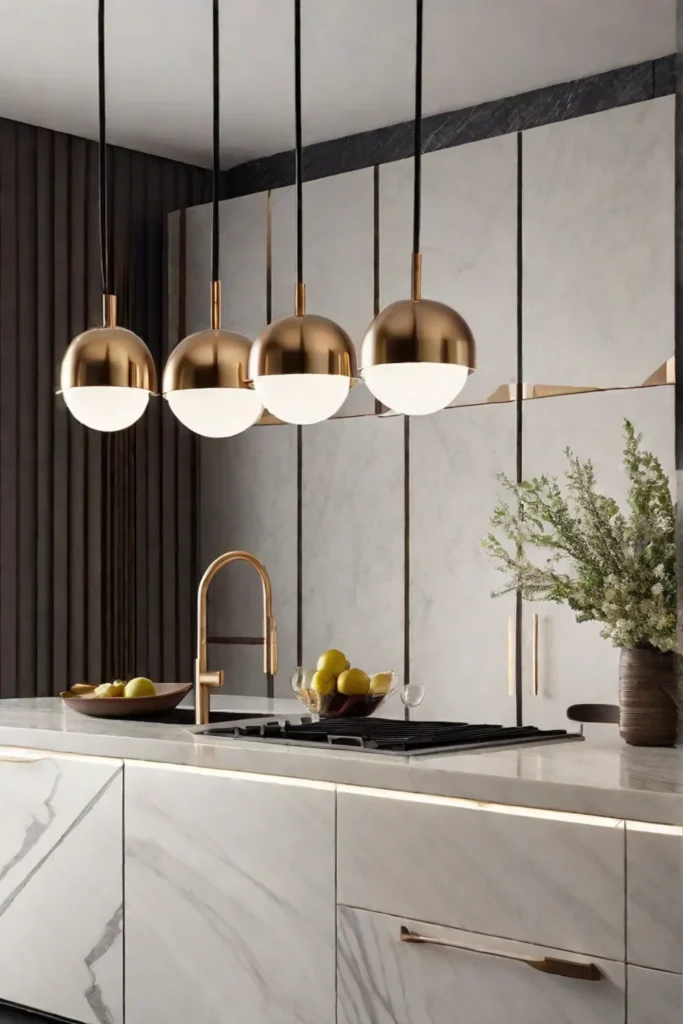 A cluster of geometric pendant lights hanging at different heights over a