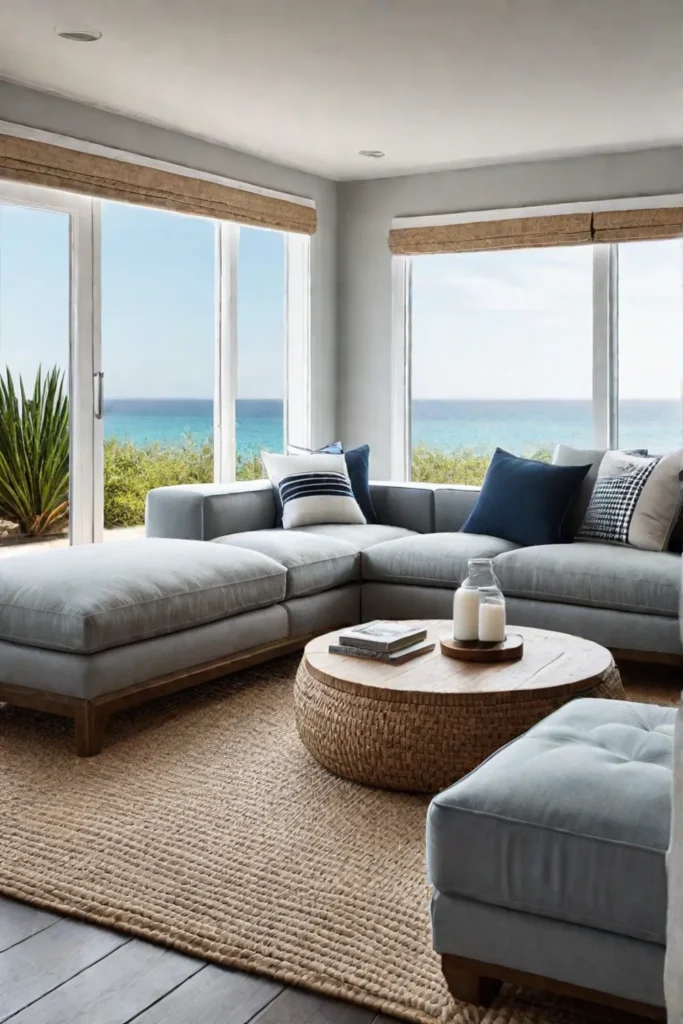 A coastalinspired living room with natural textures such as woven accents and