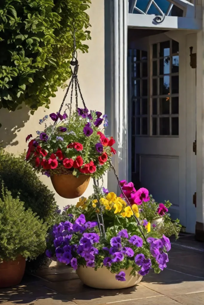 A collection of hanging baskets at golden hour brimming with a mix_resized