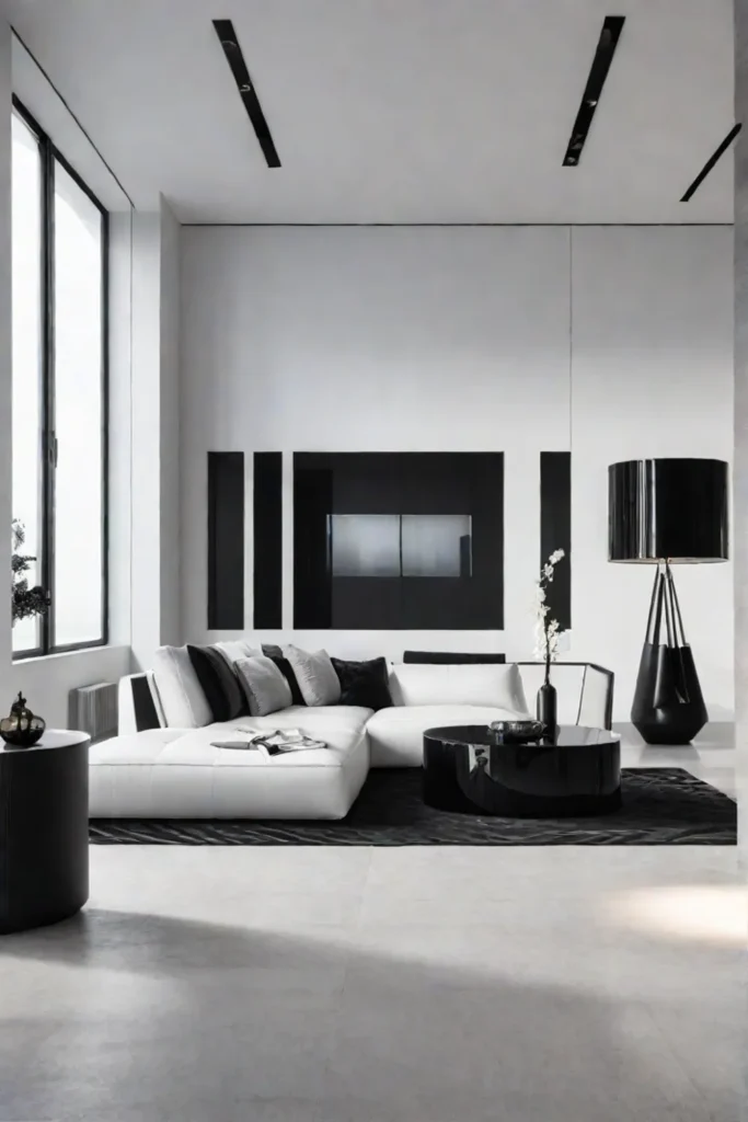 A contemporary living room with a black and white color palette including
