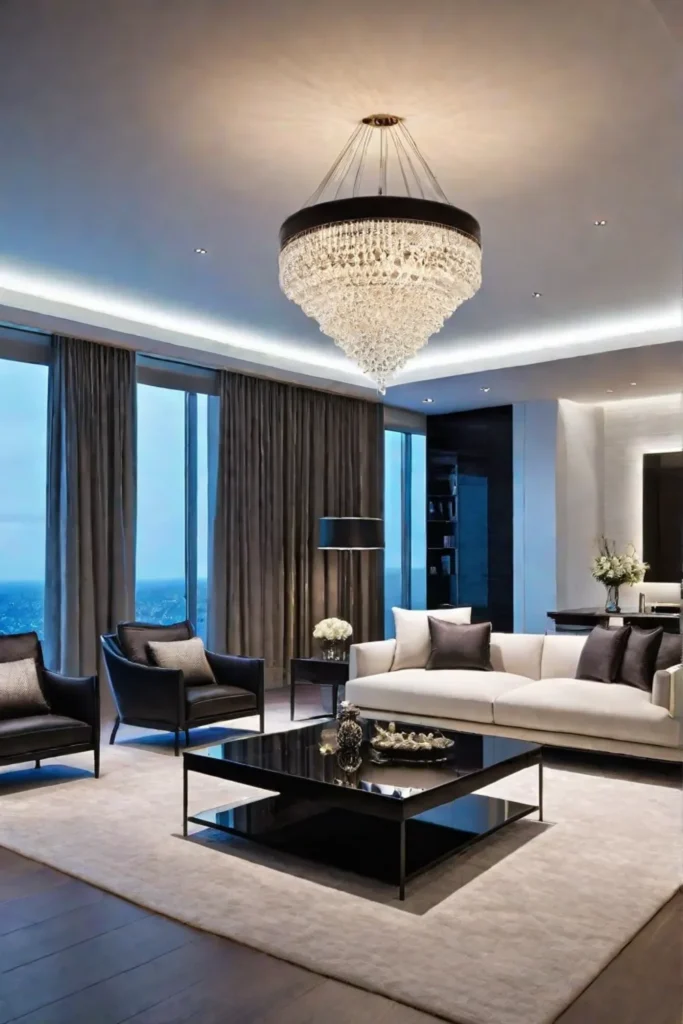 A contemporary living room with a sleek and sophisticated design featuring clean