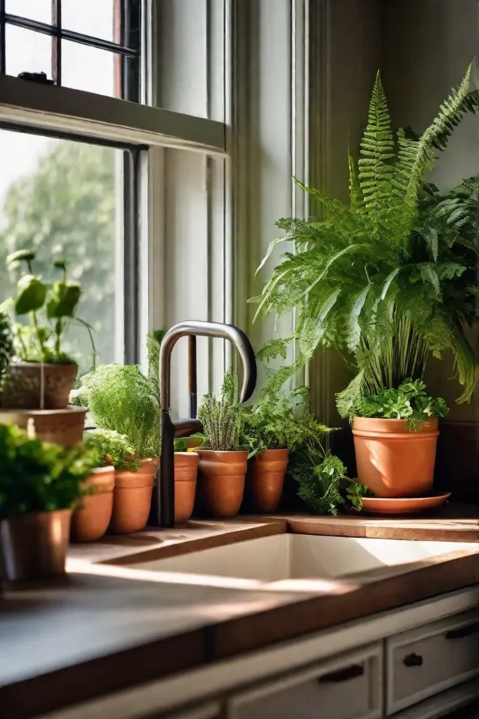 A corner of the kitchen dedicated to greenery with hanging pots of