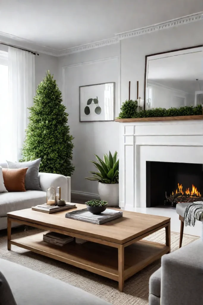 A cozy Scandinavian living room with a fireplace a soft gray sofa