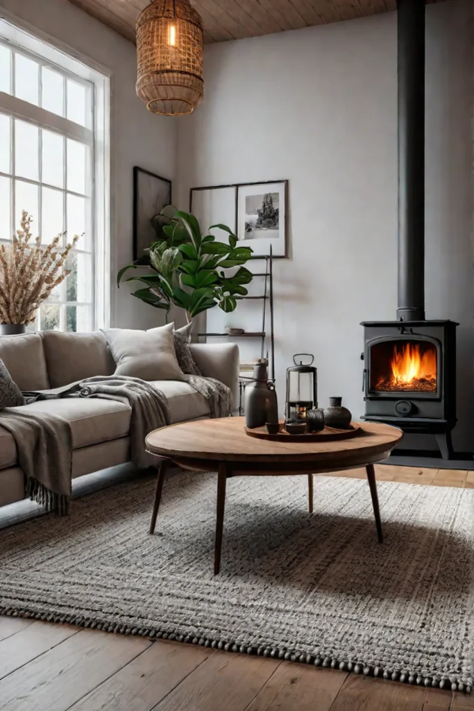 A cozy Scandinavianinspired living room with a mix of textures including a