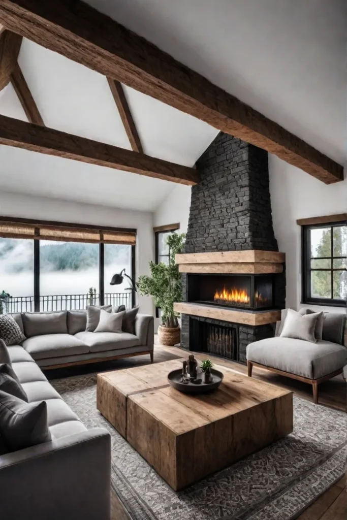 A cozy Scandinavianinspired living room with a stone fireplace wooden beams and