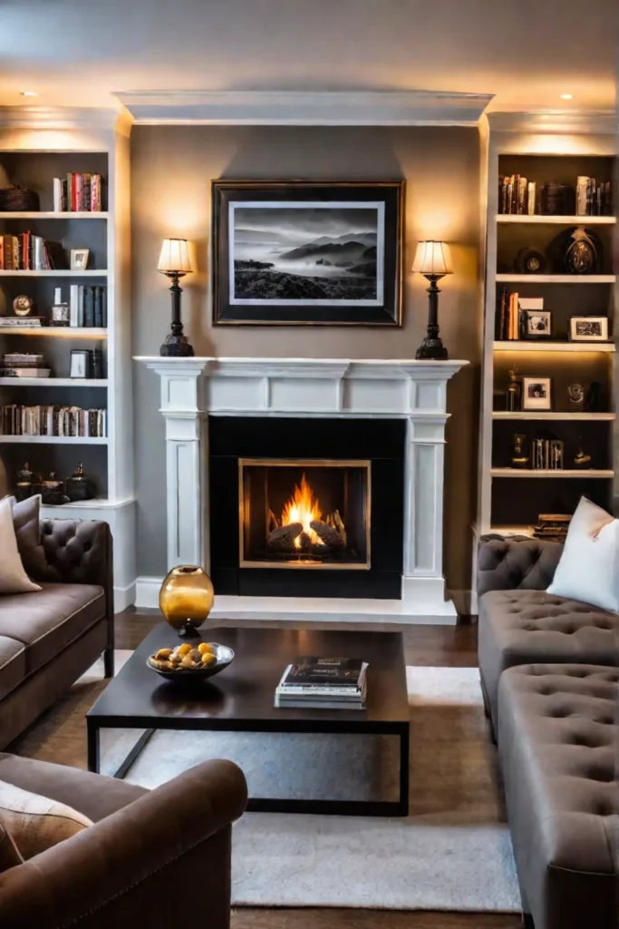 A cozy and inviting living room with a warm fireplace builtin bookshelves