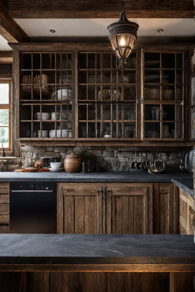 A cozy and inviting rustic kitchen with warmtoned reclaimed wood cabinets natural
