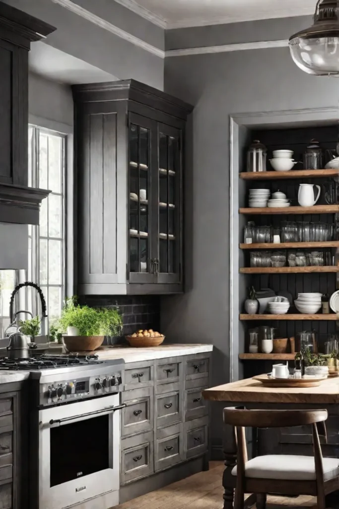 A cozy countrystyle kitchen with a blend of open shelves and cabinets