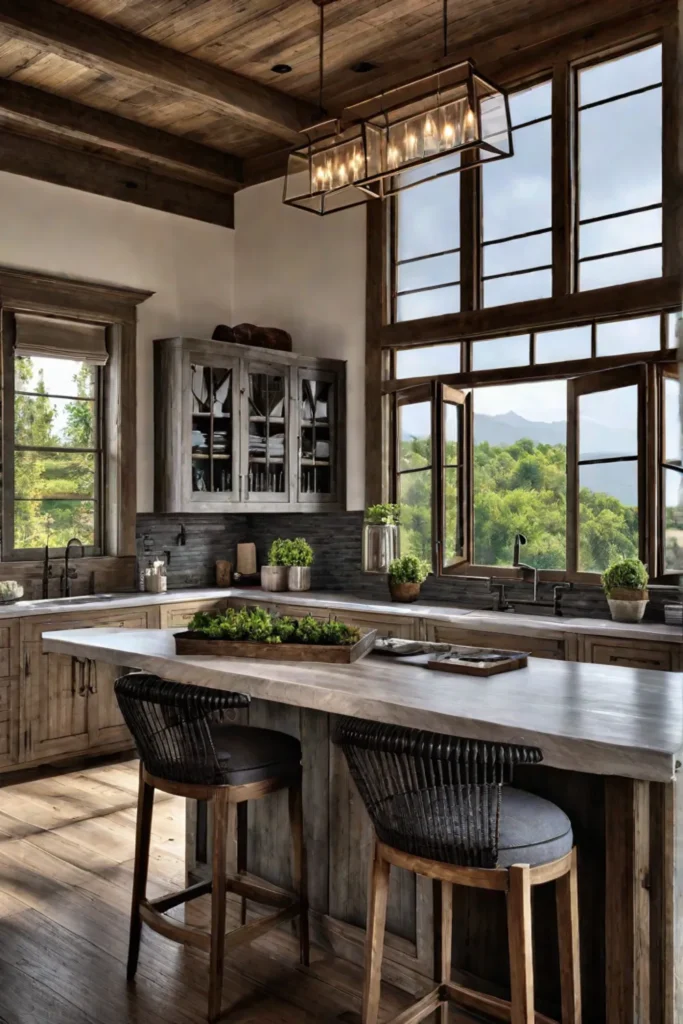 A cozy countrystyle kitchen with a blend of weathered reclaimed wood cabinets