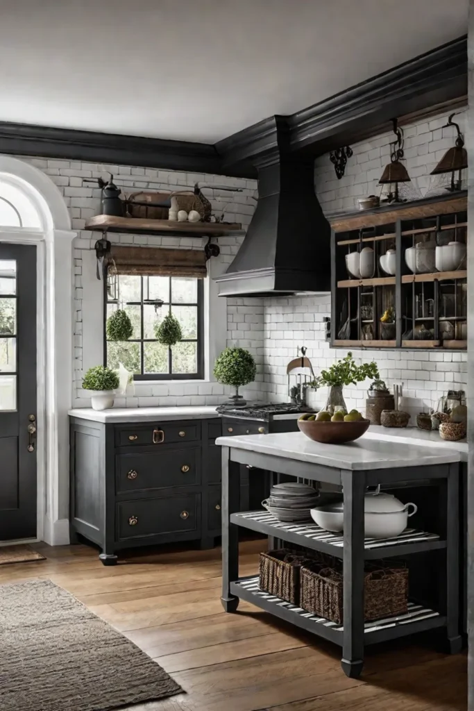 A cozy countrystyle kitchen with custompainted wooden cabinets featuring intricate designs complemented