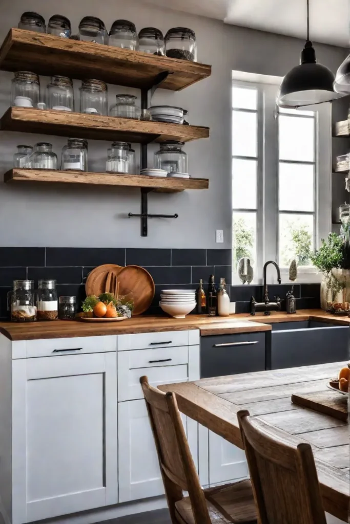 A cozy farmhousestyle kitchen with a combination of open shelving and glassfront