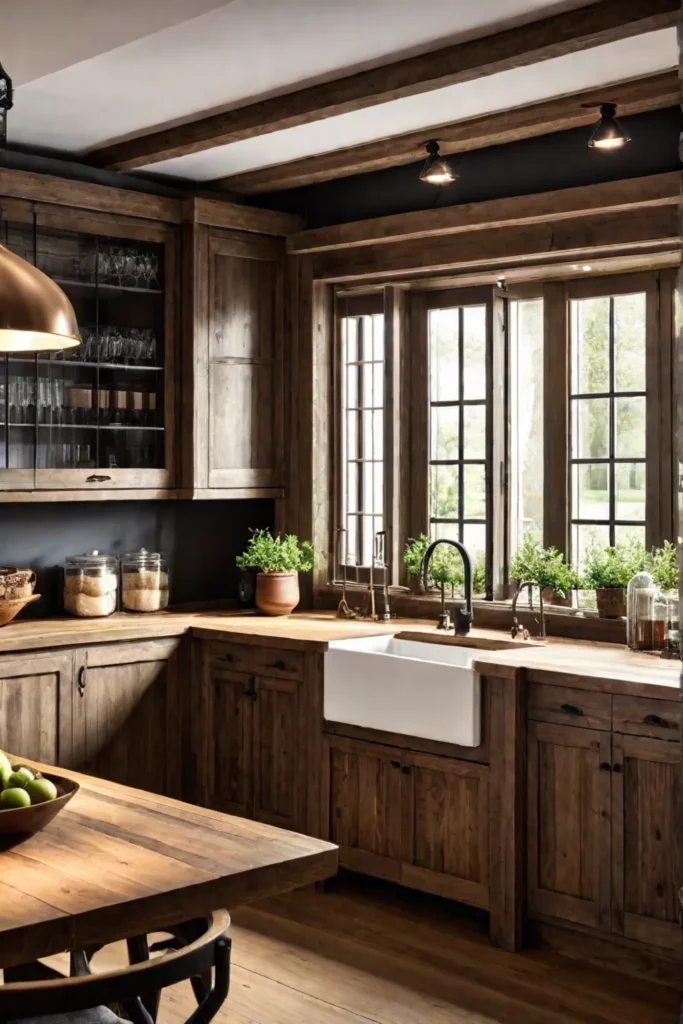 A cozy farmhousestyle kitchen with a mix of rustic wood cabinets and
