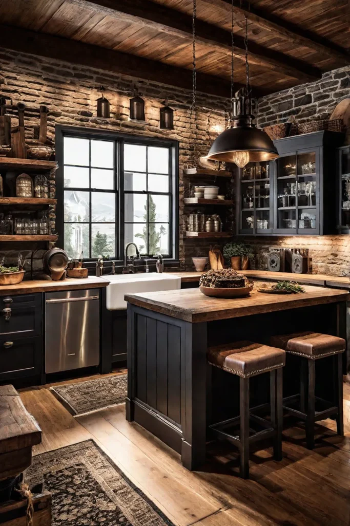 A cozy farmhousestyle kitchen with rustic cabinets handcrafted hardware and creative lighting
