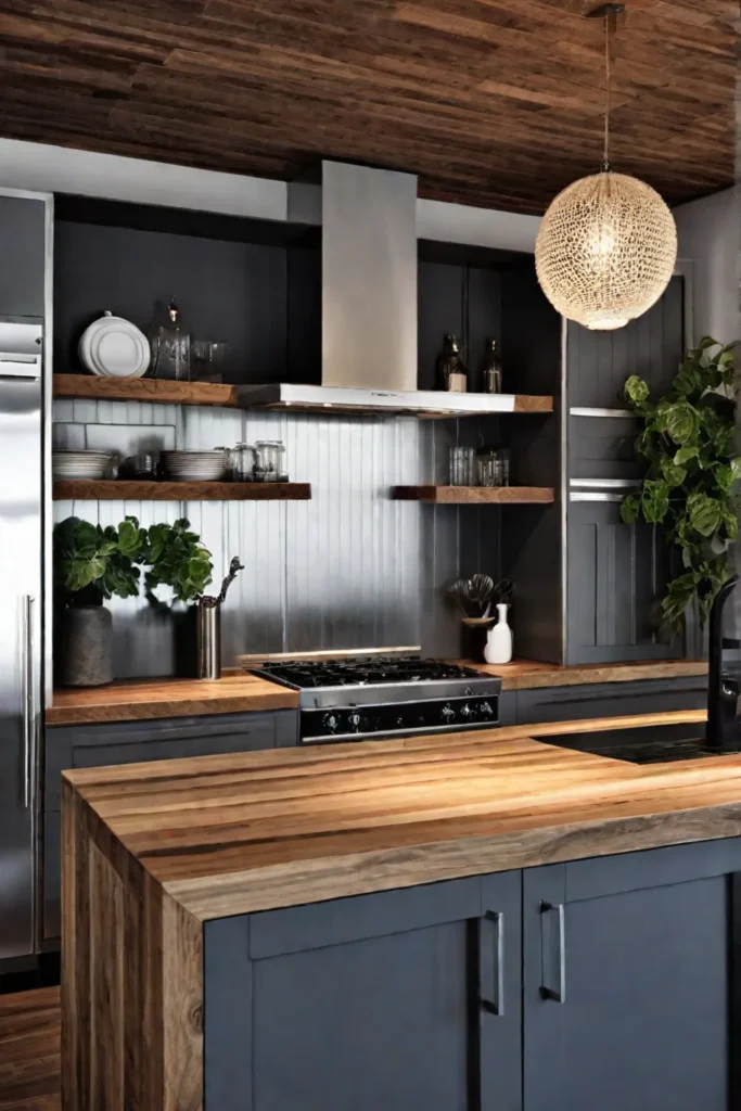 A cozy farmhousestyle kitchen with rustic cabinets that incorporate sustainable design elements