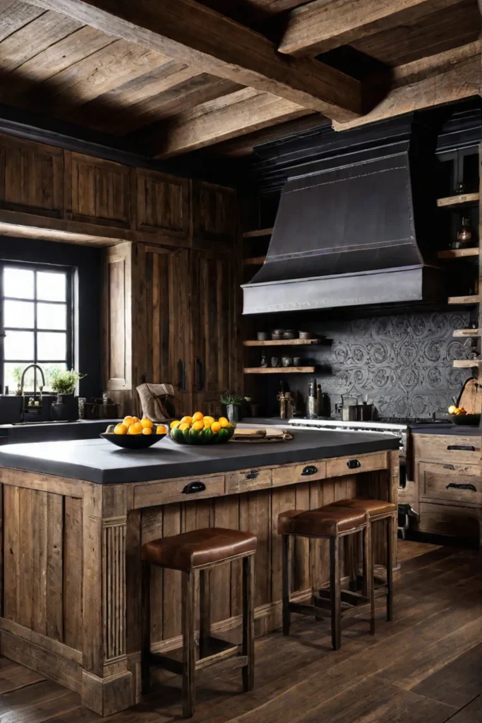 A cozy kitchen interior with reclaimed wood cabinets showcasing the natural texture