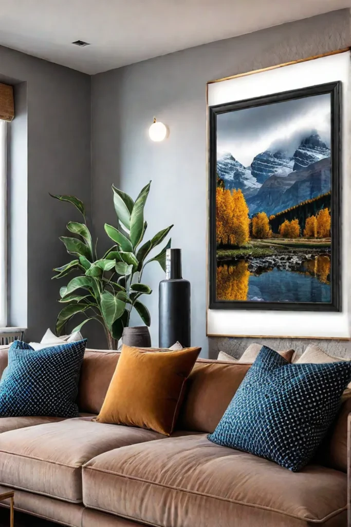 A cozy living room with a gallery wall featuring an assortment of