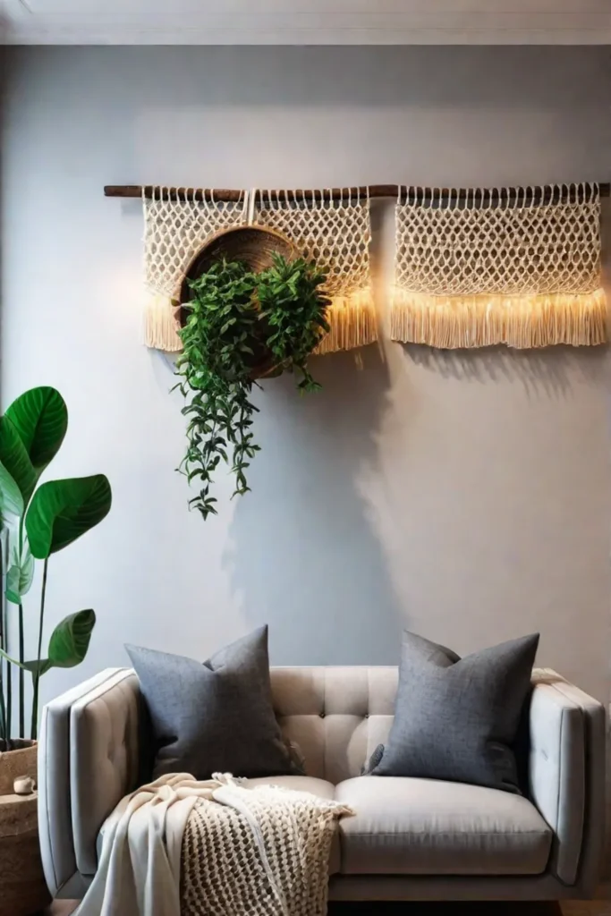 A cozy living room with a large macrame wall hanging surrounded by