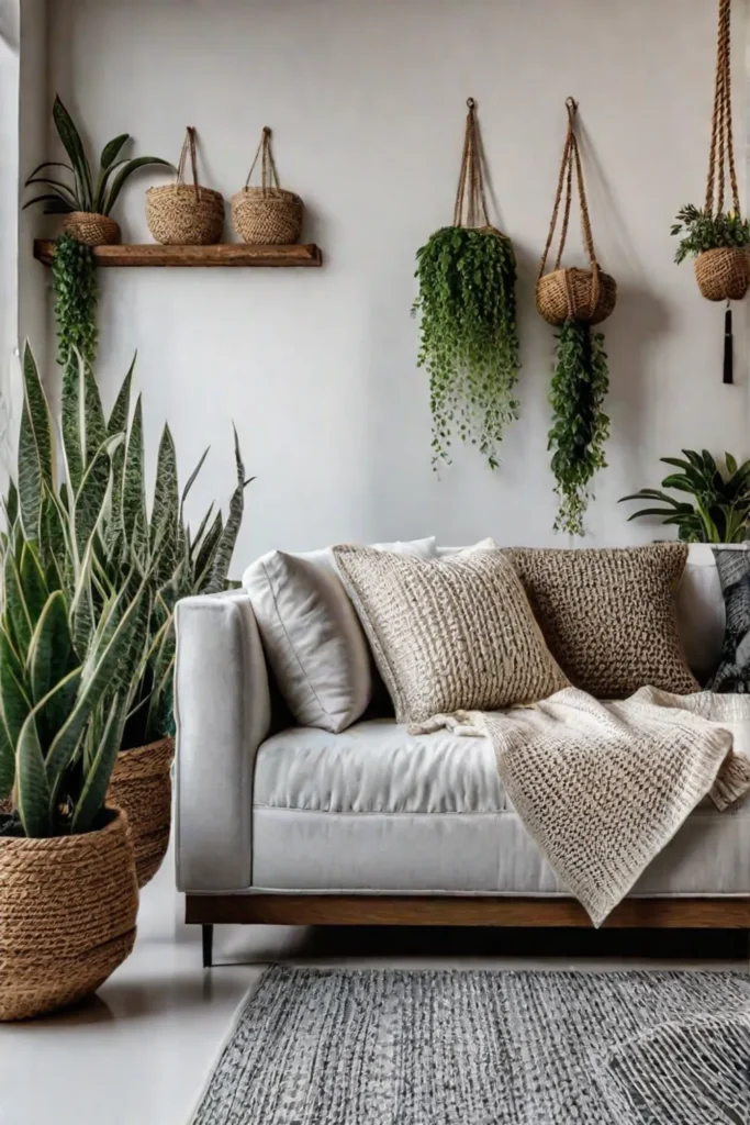 A cozy living room with a mix of natural textures including a