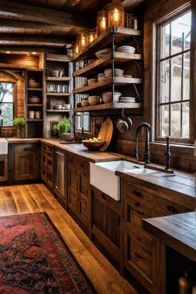 A cozy rustic kitchen featuring reclaimed wood cabinets and open shelving showcasing