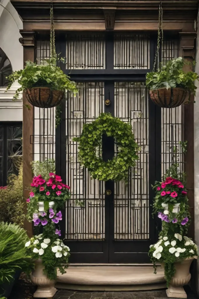 A creative vertical flower garden utilizing trellises and wallmounted planters adorned with_resized