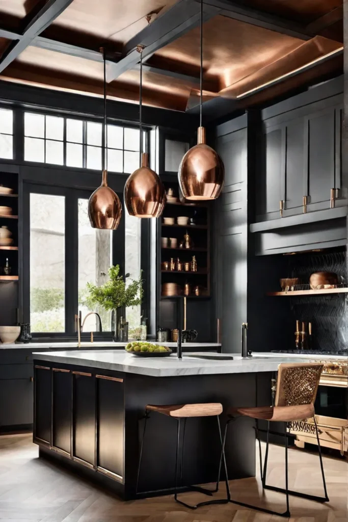 A detailed view of a mixedmetal kitchen decor combining copper pendant lights