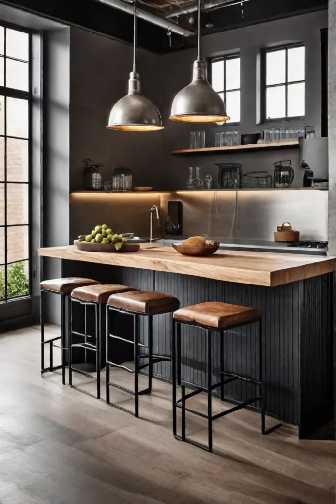 A duo of industrial metal bar stools tucked under a butcher block