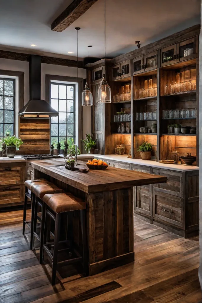 A farmhouseinspired kitchen with a combination of open shelves and cabinets with