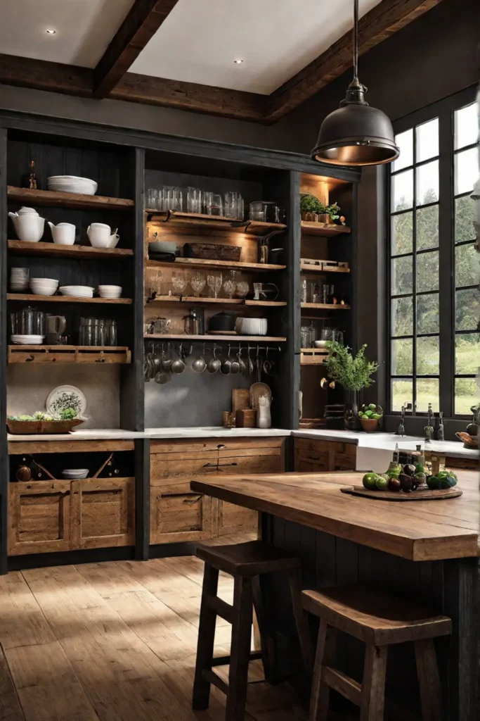 A farmhouseinspired kitchen with custombuilt wooden cabinets that mimic the look of