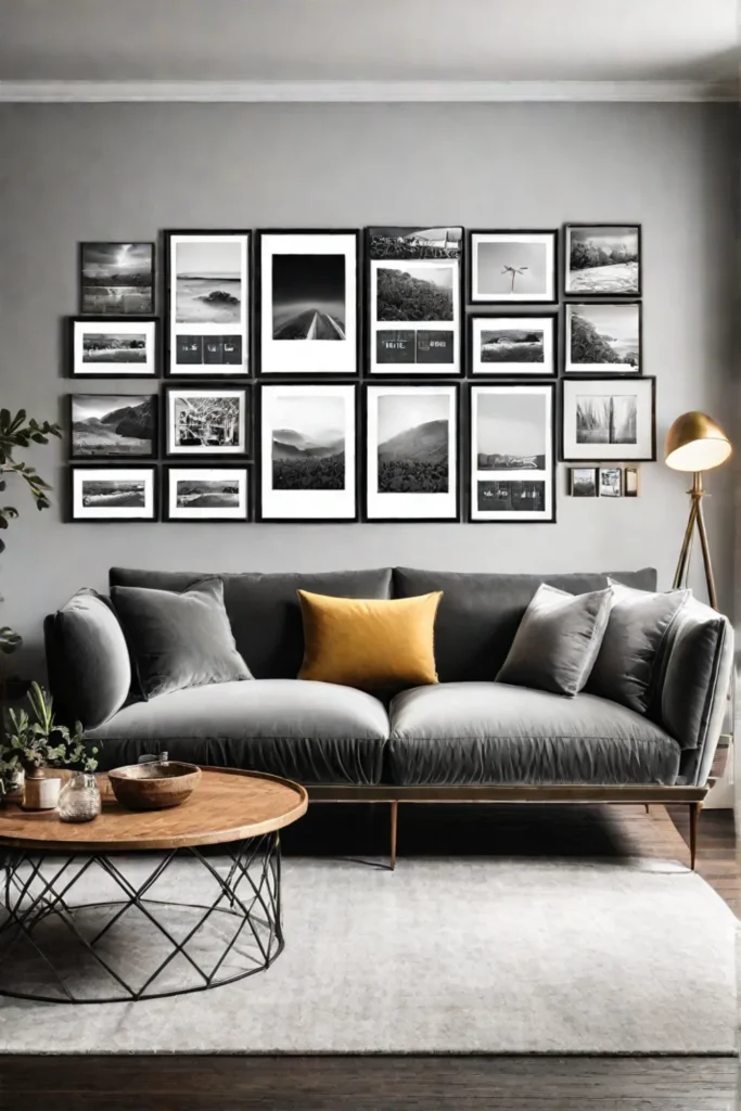 A farmhousestyle living room with a gallery wall showcasing a mix of