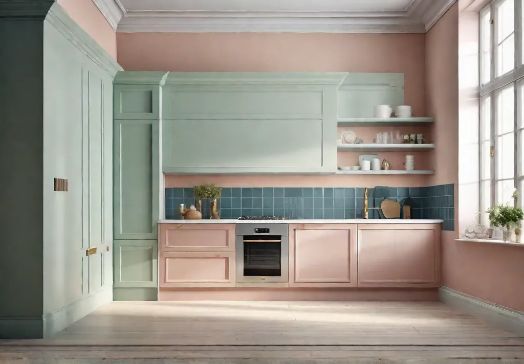 A freshly painted kitchen wall in a soft pastel color with afeat