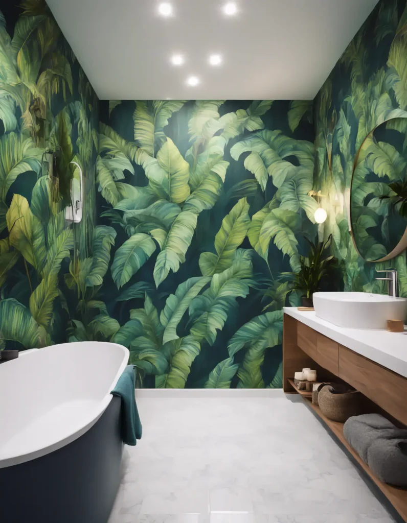 A high definition photo of a bathroom with A bold graphic wallpaper depicting oversized tropical le