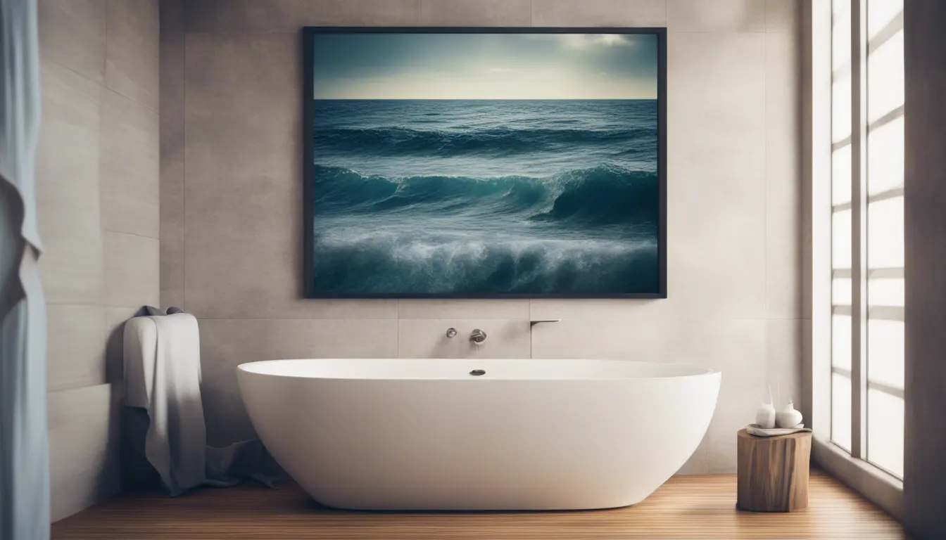 A high definition photo of a bathroom with A serene photograph of ocean waves, suggesting a calm and