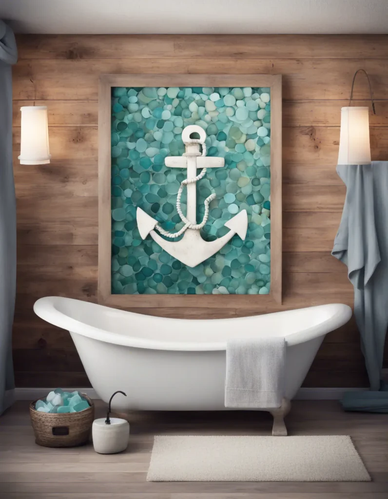 A high definition photo of a bathroom with A soothing coastal themed wall accent such as a large 