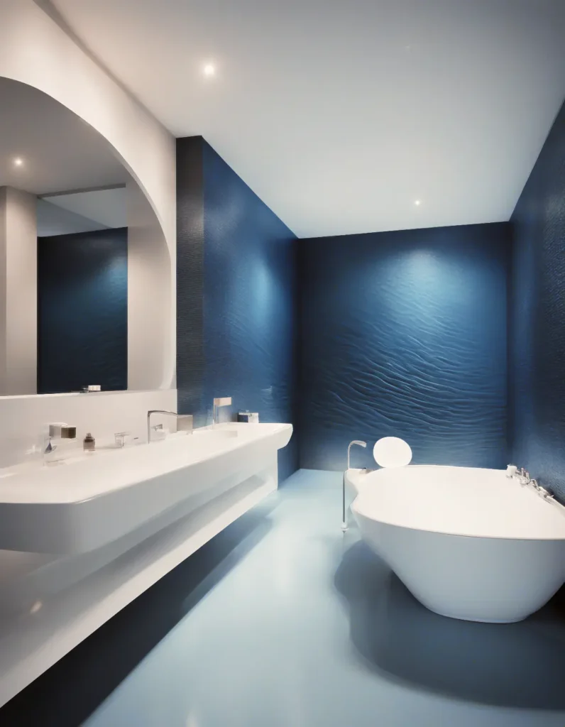 A high definition photo of a bathroom with a detailed photograph of a wall covered in deep blue tac