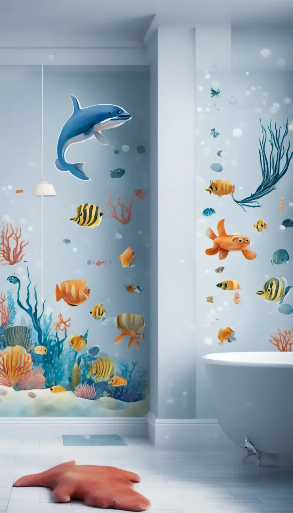 A high definition photo of a whimsical set of vinyl decals illustrating playful marine life perfec